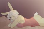  2023 anthro bed breasts bulge butt dreamoart eyebrows fluffy fluffy_ears furniture genitals hair intersex lagomorph leporid liza_(dreamoart) long_ears looking_at_viewer lying mammal on_front penis pillow rabbit short_hair smile solo tail thin_clothing wall_(structure) white_hair 
