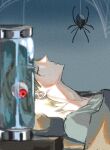  1other androgynous blonde_hair bug closed_eyes collarbone disembodied_eye drawing_1021 eyeball highres hunter_x_hunter kurapika lying male_focus on_bed profile red_eyes shirt short_hair silk simple_background solo spider spider_web unconscious white_shirt 
