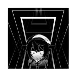  1girl bax-2 beret chinese_commentary collared_shirt copyright_name crying crying_with_eyes_open greyscale hat koronba looking_ahead monochrome necktie outline parted_lips portrait reflection reflective_floor reflective_wall scared shirt short_hair sleeveless sleeveless_shirt solo square sweat tears turn_pale utane_uta utau wide-eyed 