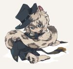  1boy :3 animal_ears animal_hands arknights black_headwear blue_coat blue_eyes blue_pants blush bright_pupils coat commentary grey_hair hat highres leopard_boy leopard_ears leopard_tail looking_at_viewer male_focus pants remu_(kudarizaka_25) scarf silverash_(arknights) silverash_(york&#039;s_bise)_(arknights) solo symbol-only_commentary tail white_pupils 