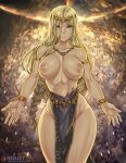  1girl armlet bare_shoulders black_dress blonde_hair bracelet braid breasts breasts_out circlet closed_mouth commentary dress elden_ring english_commentary gold_belt gold_bracelet gold_diadem gold_necklace jewelry large_breasts long_hair looking_at_viewer necklace nipples paid_reward_available queen queen_marika_the_eternal redjet solo torn_clothes very_long_hair yellow_eyes 