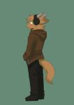  anthro black_bottomwear black_clothing black_footwear black_pants black_shoes bottomwear brown_clothing brown_topwear clothed clothing ears_back footwear full-length_portrait fur green_background green_eyes hand_in_pocket headgear headphones headset hi_res horizontal_pupils horn kuttoyaki male mouth_closed orange_body orange_fur pants pivoted_ears pockets portrait pupils simple_background solo standing topwear 