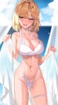  1girl absurdres bikini blonde_hair blue_eyes blush breasts cleavage earrings hair_ornament heart heart_earrings highleg highleg_bikini highres holding hololive hololive_english jewelry large_breasts lessone looking_at_viewer navel open_mouth short_hair smile solo swimsuit thigh_strap thighs virtual_youtuber watson_amelia 