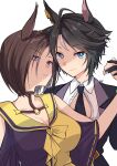  2girls absurdres ahoge air_groove_(umamusume) animal_ears aqua_eyes artist_name black_hair black_jacket black_necktie blue_eyes breasts bright_pupils brown_hair center_opening choker cleavage closed_mouth collared_shirt fuji_kiseki_(umamusume) highres holding_hands horse_ears horse_girl jacket looking_at_viewer medium_breasts multicolored_hair multicolored_shirt multiple_girls necktie open_mouth sailor_collar shirt short_hair simple_background smile streaked_hair umamusume upper_body white_background white_pupils white_shirt yuri zhu_(nitamagr) 