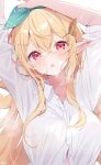  1girl alternate_costume arms_up blonde_hair breasts deyui heart heart-shaped_pupils highres large_breasts long_hair looking_at_viewer nijisanji nijisanji_en open_mouth pink_eyes poi pomu_rainpuff shirt simple_background solo symbol-shaped_pupils upper_body virtual_youtuber wet white_background white_shirt 