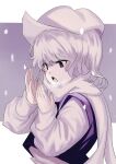  1girl absurdres grey_background grey_hair hat highres letty_whiterock long_sleeves open_mouth puffy_sleeves scarf short_hair snow solo touhou turtle-kun upper_body white_scarf yuki_onna 