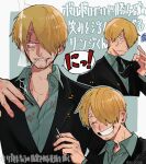 1boy ^_^ ani3nrtm annoyed blonde_hair cigarette closed_eyes curly_eyebrows facial_hair formal grin hair_over_one_eye hand_up highres holding holding_cigarette holding_necktie injury long_sleeves looking_at_viewer male_focus multiple_views necktie one_piece sanji_(one_piece) short_hair simple_background smile smirk smoking suit 