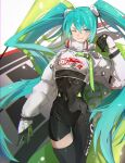  1girl ;) absurdres aqua_eyes aqua_hair asymmetrical_bodysuit black_bodysuit black_gloves bodysuit boots chinese_commentary commentary_request covered_navel cowboy_shot cropped_jacket flag gloves green_gloves gugu_(user_cxsm8254) hair_between_eyes hand_up hatsune_miku highres jacket long_hair long_sleeves looking_at_viewer one_eye_closed race_queen racing_miku racing_miku_(2022) single_thigh_boot single_thighhigh smile solo thigh_boots thighhighs twintails two-tone_gloves very_long_hair vocaloid white_jacket 