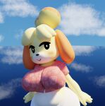  3d_(artwork) animal_crossing anthro big_breasts blue_sky blush breasts canid canine canis clothed clothing cloud digital_media_(artwork) domestic_dog female front_view fur furfnsfw hair isabelle_(animal_crossing) looking_at_viewer mammal navel nintendo shadow shih_tzu sky smile solo thick_thighs toy_dog wide_hips yellow_body yellow_fur 