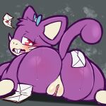  anthro blush butt female generation_1_pokemon genitals hi_res looking_at_viewer mail nintendo open_mouth pokemon pokemon_(species) pokemorph purple_body purple_eyes pussy rattata softestpuffss solo spread_legs spreading tail thick_thighs white_body 