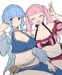  2girls bikini blue_bikini blue_hair braid breasts closed_eyes crown_braid do_m_kaeru dutch_angle fire_emblem fire_emblem:_three_houses fire_emblem_heroes grey_eyes halterneck hilda_valentine_goneril hilda_valentine_goneril_(summer) large_breasts marianne_von_edmund marianne_von_edmund_(summer) multiple_girls navel official_alternate_costume open_mouth pink_bikini pink_hair see-through see-through_sleeves smile striped striped_bikini swimsuit twintails v vertical-striped_bikini vertical_stripes white_background 