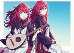  2girls border devola dress feet_out_of_frame green_eyes hand_on_hand hand_up highres holding_guitar ikooto111 long_hair long_sleeves multiple_girls nier nier_(series) parted_lips popola red_hair siblings sitting smile twins white_border wide_sleeves wind 