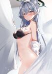  1girl animal_ear_fluff animal_ears ass bare_shoulders blue_archive blue_eyes blush bottomless bra breasts commentary_request cross_hair_ornament curtains dark_halo extra_ears grey_hair hair_ornament halo highres long_hair looking_at_viewer medium_breasts mismatched_pupils nohohon_neko off_shoulder paid_reward_available see-through shiroko_(blue_archive) shiroko_(terror)_(blue_archive) shirt solo underwear white_shirt wolf_ears 