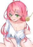  1girl @_@ absurdres ahoge bare_shoulders breasts cleavage clothes_pull clothes_writing commentary_request eru_(l_illust45) green_eyes hair_ornament hairclip highres hololive hypnosis leaning_forward long_hair mind_control no_bra no_pants off_shoulder open_mouth pendulum pink_hair pocket_watch pulled_by_self sakura_miko shirt shirt_pull solo thighs virtual_youtuber watch white_shirt 