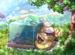 closed_eyes commentary_request day eiscue eiscue_(ice) fangs grass kotobukkii_(yt_lvlv) lying no_humans open_mouth outdoors pokemon pokemon_(creature) sleeping snom tongue tongue_out tree yamper 