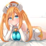  1girl absurdres ass bare_shoulders blue_eyes blush breasts cleavage commission dura elbow_gloves from_side gloves hair_between_eyes hair_rings hands_on_own_cheeks hands_on_own_face hat head_rest highres leotard long_hair looking_at_viewer lying neptune_(series) nurse_cap on_stomach orange_hair orange_heart pixiv_commission power_symbol shin_jigen_game_neptune_vii skin_tight sleeveless solo symbol-shaped_pupils twintails very_long_hair white_gloves white_leotard 