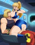  absurdres bdsm beard blonde_hair blue_eyes blush bondage boots bound bracelet breast_sucking breasts breasts_out chair clothed_sex crossover dog_tags facial_hair girl_on_top highres jewelry ken_masters metroid mole non-web_source on_chair penis ponytail saliva samus_aran sex space spacecraft street_fighter street_fighter_6 super_smash_bros. torn_clothes wanted 