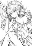  1girl anonymous_(japanese) blush circlet closed_mouth detached_sleeves dress feet_out_of_frame greyscale hair_between_eyes long_hair monkey_tail monochrome simple_background single-shoulder_dress single_detached_sleeve solo son_biten tail touhou white_background 