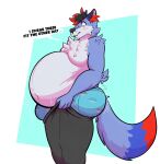  anthro awoogasm belly big_belly big_butt bite biting_lip black_hair blue_body blue_clothing blue_fur blue_underwear blush bottomwear bulge butt canid canine canis chest_tuft clothed clothing dessert doughnut ear_piercing fluffy food fur hair hi_res looking_down_at_self male mammal meme multicolored_body multicolored_fur multicolored_hair overweight overweight_anthro overweight_male pants pattern_clothing pattern_underwear piercing pulling_up_pants solo thick_thighs tight_bottomwear tight_clothing tight_pants tight_pants_(meme) topless tuft two_tone_hair underwear wolf 