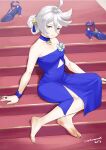  1girl absurdres bare_shoulders barefoot blue_choker blue_dress blue_footwear breasts choker cleavage closed_mouth collarbone commentary dress feet folded_ponytail foot_focus full_body grey_eyes grey_hair gundam gundam_suisei_no_majo hair_between_eyes high_heels highres jewelry legs mbr90munouk miorine_rembran red_background ring side_slit sidelocks signature sitting sitting_on_stairs sleeveless sleeveless_dress small_breasts soles solo stairs strapless strapless_dress strappy_heels swept_bangs thighs toenails toes twitter_username 
