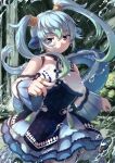  1girl bare_shoulders blue_eyes blue_hair china_dress chinese_clothes closed_mouth dragon_girl dragon_tail dress elbow_gloves gloves hair_ornament highres jewelry kemono_friends long_hair looking_at_viewer nature okyao outdoors ring seiryuu_(kemono_friends) solo tail twintails water 