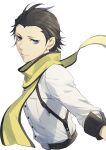  1boy black_hair blue_eyes closed_mouth cropped_torso isa_(peien516) looking_at_viewer male_focus mochizuki_ryouji mole mole_under_eye persona persona_3 scarf shirt simple_background solo suspenders upper_body white_background white_shirt yellow_scarf 