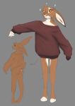  2023 5_fingers absurd_res anthro baggy_clothing big_ears bottomless buckteeth butt chest_tuft clothed clothing digital_media_(artwork) digitigrade female ferima fingers floppy_ears hare hi_res lagomorph leporid looking_at_viewer mammal maylis multicolored_body orange_eyes pose rear_view scut_tail short_tail simple_background solo sparkles sweater sweater_only tail teeth topwear topwear_only tuft two_tone_body 