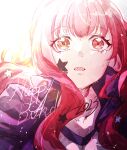  1girl citrine_11 facial_mark fire_emblem fire_emblem_engage hair_ornament happy_birthday highres long_hair looking_at_viewer open_mouth red_eyes red_hair solo star_(symbol) star_hair_ornament sunlight tearing_up tears white_background yunaka_(fire_emblem) 