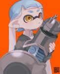  1girl artist_name bandaged_ear bandages black_sweater blue_hair blunt_bangs blush collared_shirt commentary english_commentary gauze hand_up heterochromia holding holding_weapon inkling inkling_girl light_blush long_hair long_sleeves mixed-language_commentary mole mole_under_eye nautilus_(splatoon) pointy_ears qr_code red_background red_eyes sahata_saba shirt signature simple_background solo splatoon_(series) standing sweater tentacle_hair tentacles twintails twitter_username upper_body v-shaped_eyebrows watermark weapon white_shirt yellow_eyes 