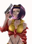  1girl breasts cleavage commentary cowboy_bebop faye_valentine green_eyes gun hairband headband highres holding holding_gun holding_weapon lipstick makeup medium_breasts navel purple_hair shiraco_(sgdv2435) shirt short_hair solo tied_shirt weapon white_background yellow_hairband yellow_headband 