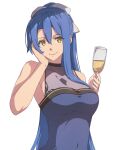  1girl alcohol blue_hair border bow bowtie breasts chiharu_(9654784) cleavage cup double-parted_bangs dress drinking_glass eiyuu_densetsu hair_between_eyes hair_bow highres holding holding_cup large_breasts laura_s._arseid long_hair medium_breasts see-through see-through_cleavage sen_no_kiseki simple_background smile solo white_background white_border white_bow white_bowtie wine wine_glass yellow_eyes 