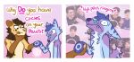  2_panel_comic andromorph_(lore) anthro arm_tuft bite biting_lip blue_body blue_fur blue_hair border brown_body brown_fur brown_hair canid canine cheek_tuft chest_tuft cringing dan_and_phil dialogue duo ears_back elbow_tuft english_text facial_tuft felid female fox fur green_markings gynomorph_(lore) hair half-closed_eyes hi_res humor lion luckfoxo33 male mammal mane mane_hair markings narrowed_eyes open_mouth pantherine pink_background pivoted_ears purple_body purple_fur simple_background sound_effects tan_body tan_fur tatum_(tolng) text tolng trans_(lore) trans_man_(lore) trans_woman_(lore) tuft white_border wide_eyed yellow_body yellow_fur 