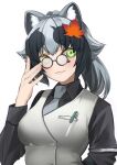  1girl a888_n22 adjusting_eyewear animal_ears black-framed_eyewear black_hair black_shirt breast_pocket breasts collared_shirt danzaburou-danuki_(kemono_friends) green_eyes grey_hair grey_necktie highres kemono_friends kemono_friends_3 leaf leaf_on_head long_sleeves looking_at_viewer medium_breasts medium_hair necktie pince-nez pocket raccoon_ears raccoon_girl round_eyewear shirt short_ponytail simple_background solo upper_body white_background 