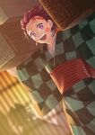  1boy blush checkered_clothes checkered_kimono earrings hair_ornament highres holding japanese_clothes jewelry kamado_tanjirou kimetsu_no_yaiba kimono male_focus open_mouth otoko_no_ko red_eyes red_hair remsor076 scar scar_on_face scar_on_forehead short_hair smile solo twitter_username 