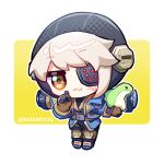  1girl :3 animification apex_legends artist_name black_pants black_shirt blue_footwear blue_jacket brown_eyes brown_gloves chibi chinese_commentary dazeroyuu deep_current_wattson eyepatch gloves grey_hair jacket knee_pads looking_at_viewer nessie_(respawn) official_alternate_costume one_eye_covered pants pointing scar scar_on_cheek scar_on_face shirt smile solo stuffed_toy wattson_(apex_legends) 