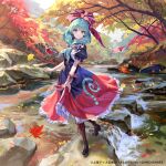  1girl absurdres autumn_leaves bow dress frilled_ribbon frills front_ponytail gesoking green_eyes green_hair hair_bow hair_ribbon highres kagiyama_hina nature official_art red_dress ribbon river solo touhou touhou_arcadia_record wrist_ribbon 