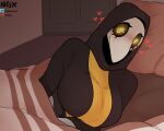  &lt;3 bed bedding big_breasts blanket blush breasts clothing female furniture glowing glowing_eyes happy hood humanoid inside looking_at_viewer lying lying_on_bed margaret_(vetisx) mask on_bed smile solo spiral_eyes undead vetisx yellow_eyes 