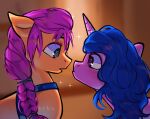  accessory blue_eyes blue_hair blue_mane blush braided_hair duo earth_pony equid equine eye_contact female feral fur hair hair_accessory hasbro horn horse izzy_moonbow_(mlp) looking_at_another mammal mane mlp_g5 my_little_pony orange_body orange_fur pink_hair pink_mane pony purple_body purple_eyes purple_fur sunny_starscout_(mlp) themavka unicorn 