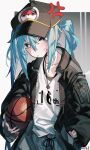  1girl absurdres anger_vein aqua_eyes aqua_hair bandaid bandaid_on_cheek bandaid_on_face baseball_cap basketball hand_in_pocket hat hatsune_miku highres jacket jewelry long_hair looking_at_viewer open_clothes open_jacket pendant qys3 solo twintails vocaloid 