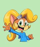  1girl belette_2 blonde_hair blue_hoodie coco_bandicoot crash_bandicoot_(series) goggles goggles_on_head green_background green_eyes highres hood hoodie looking_at_viewer open_mouth simple_background solo upper_body waving 
