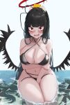  1girl absurdres bikini black_bikini black_hair blue_archive blunt_bangs blush breasts cleavage criss-cross_halter curvy halo halterneck highres knbd large_breasts long_hair looking_at_viewer low_wings narrowed_eyes navel open_mouth partially_submerged red_eyes red_halo sanpaku seiza sitting solo swimsuit tsurime tsurugi_(blue_archive) untied_bikini very_long_hair wardrobe_malfunction wavy_hair wide_hips wings 