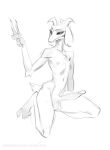  2023 anthro asriel_dreemurr balls black_sclera bovid caprine floppy_ears fur genitals gesture goat greyscale hi_res horn johnfoxart kneeling long_ears long_penis looking_at_viewer lop_ears male mammal monochrome nipples nude penis simple_background sketch slim solo undertale undertale_(series) v_sign white_background white_eyes 