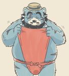  2023 anthro asian_clothing bear belly big_belly black_nose blue_body clothing east_asian_clothing eyes_closed fundoshi garouzuki hat headgear headwear hi_res japanese_clothing kemono male mammal overweight overweight_male red_clothing red_fundoshi red_underwear scar simple_background solo tamacolle underwear 