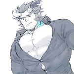  1boy bara body_markings broken_horn bursting_pectorals collared_shirt demon_boy demon_horns facial_hair fang from_below frown horns large_pectorals long_sideburns looking_at_viewer male_focus mature_male mugi_(pixiv_187163) muscular muscular_male partially_unbuttoned pectoral_cleavage pectorals red_eyes shirt short_hair sideburns solo stubble takemaru_(housamo) thick_eyebrows tokyo_afterschool_summoners upper_body 