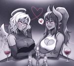 2girls angel angel_wings bare_shoulders breasts candle cleavage commentary cup demon_girl demon_horns drinking_glass earrings english_commentary eye_contact fang hair_between_eyes halo heart highres holding_hands horns iahfy jewelry large_breasts lit_candle looking_at_another lucia_(iahfy) multiple_girls open_mouth original pointy_ears ponytail short_hair sketch sleeveless smile speech_bubble spoken_heart synth_(iahfy) teeth tongue wine_glass wings yuri 