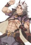  1boy abs absurdres arataki_itto bara bracelet choker facepaint feet_out_of_frame genshin_impact grabbing highres horns jewelry large_pectorals long_hair looking_at_viewer male_focus navel oni oni_horns pectoral_grab pectorals red_eyes sanpaku smile solo spiked_bracelet spiked_choker spikes stomach thick_eyebrows white_background white_hair xian_goutou_hz 