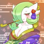  1girl artist_name bare_shoulders blurry blurry_background blush bob_cut breasts cleavage closed_mouth clothed_pokemon collarbone colored_eyelashes colored_skin commentary_request egasumi floral_background floral_print flower gardevoir geturouka9b green_hair green_skin hair_flower hair_ornament hair_over_one_eye half-closed_eyes hand_up holding holding_smoking_pipe japanese_clothes kimono large_breasts looking_at_viewer mole mole_under_eye multicolored_clothes multicolored_kimono multicolored_skin off_shoulder one_eye_covered orange_background pokemon pokemon_(creature) red_flower short_hair signature smoking_pipe solo tassel two-tone_skin upper_body white_skin 