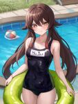  1girl :t ball beachball black_nails breasts brown_eyes brown_hair character_name covered_navel flower-shaped_pupils genshin_impact glaring hu_tao_(genshin_impact) innertube long_hair looking_at_viewer mookyuu9 one-piece_swimsuit outdoors pool pout school_swimsuit sidelocks small_breasts solo swimsuit symbol-shaped_pupils thighs twintails v-shaped_eyebrows very_long_hair wet 