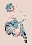  1girl alternate_costume arm_support bare_arms bare_shoulders bicycle black_footwear blue_eyes blue_hair blue_pants blush breasts cleavage english_text flat_cap full_body green_headwear grey_background ground_vehicle hair_bobbles hair_ornament hat highres honda_super_cub kawashiro_nitori looking_at_viewer medium_breasts motor_vehicle motorcycle open_mouth outline pants short_hair simple_background sitting solo sweat tank_top touhou touya_(konpekitou) two_side_up white_outline white_tank_top 
