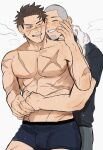  2boys abs absurdres bara black_hair black_male_underwear black_pants black_shirt blush closed_eyes couple facial_hair golden_kamuy grey_hair highres hug hug_from_behind large_pectorals looking_at_another male_focus male_underwear multiple_boys muscular muscular_male nipples one_eye_closed open_mouth pants pectorals scar scar_on_arm scar_on_cheek scar_on_chest scar_on_face scar_on_mouth scar_on_nose shiraishi_yoshitake shirt short_hair simple_background smile sugimoto_saichi teeth ton_(ton19130318) topless_male underwear very_short_hair white_background yaoi 